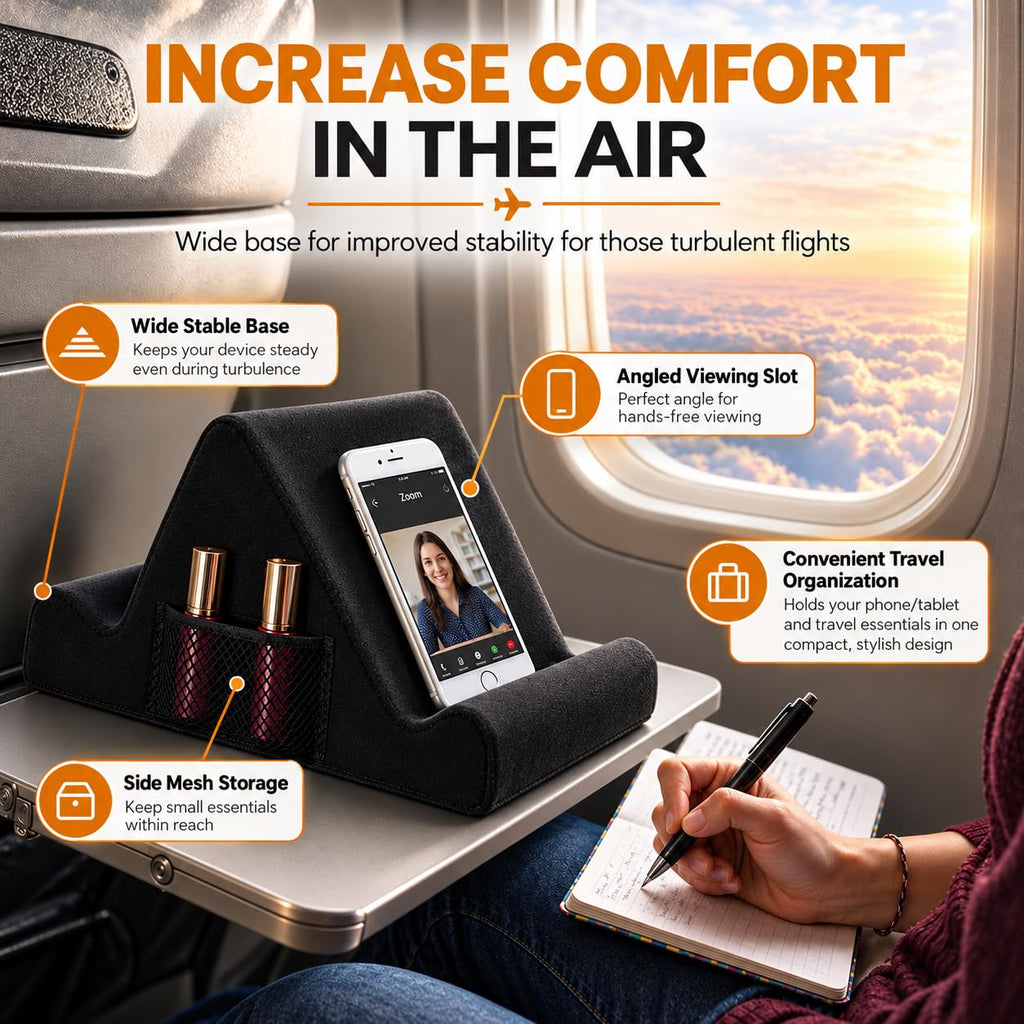 Brookstone Tablet Lap Cushion - Tablet and Phone Holder for Bed, Flights, and Travel, Two Angled Memory Foam Lap Desk for Reading and Hands Free Viewing, Compatible iPad and Kindle Accessories, Black
