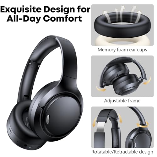 Hybrid Active Noise Cancelling Headphones 120H Playtime 6 ENC Clear Call Mic, Over Ear Headphones Wireless with Hi-Res Audio Comfort Earcup Low Latency ANC Bluetooth 6.0 Headphones for Travel Workout