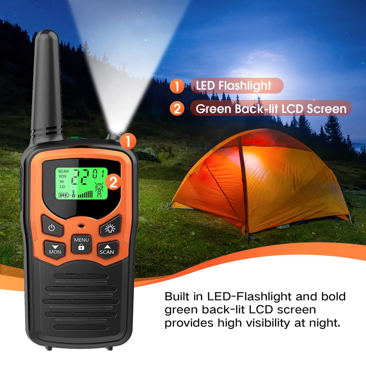 MOICO Walkie Talkies for Adults, 22 Channel Long Range FRS Two-Way Radios | 2 Pack, Compact Portable, LED Flashlight, VOX, LCD Display, Family Use, Hiking, Camping, Outdoor Trips, Cruise